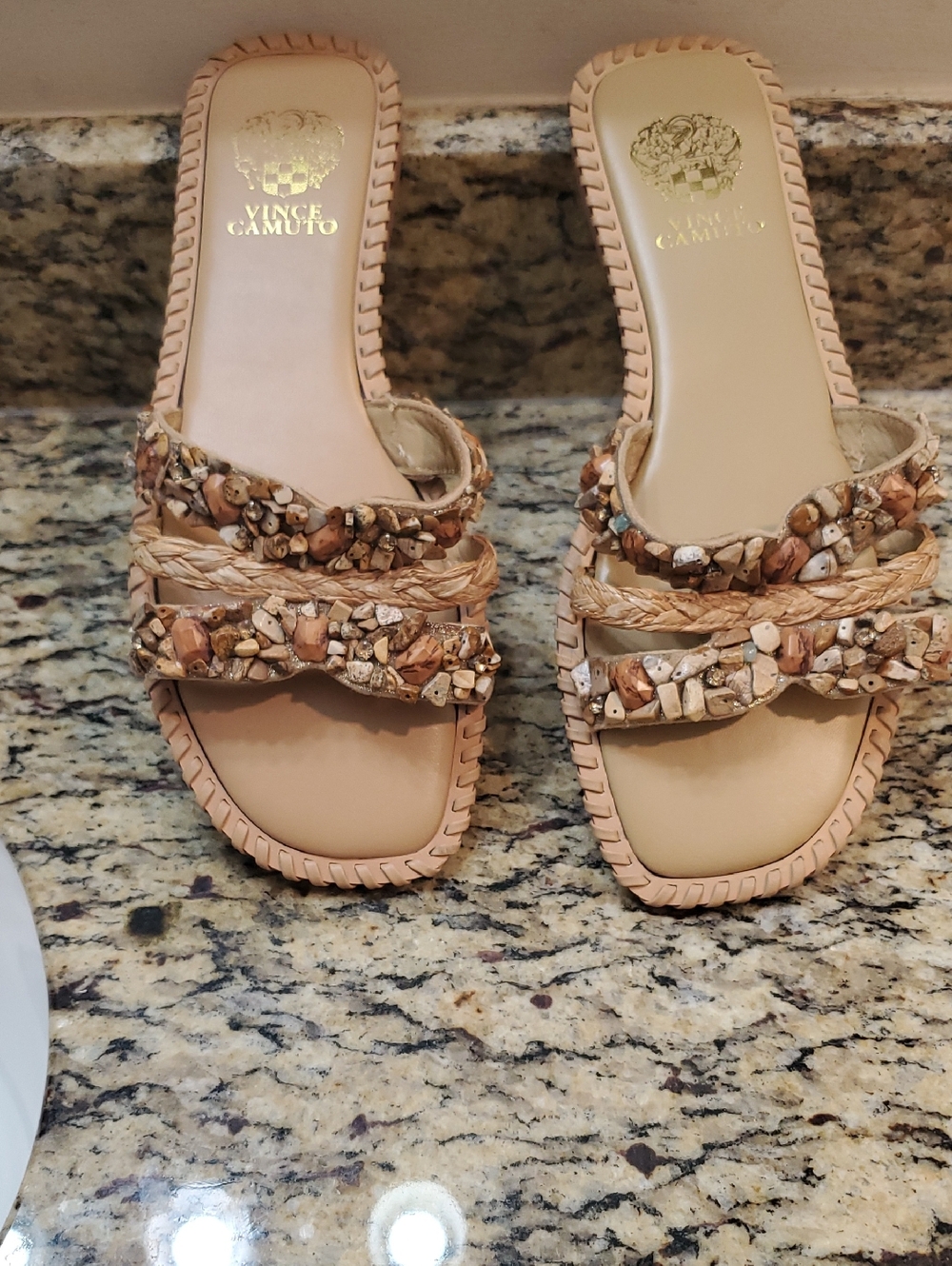 Vince Camuto Beige Braided Beaded Slide Sandals